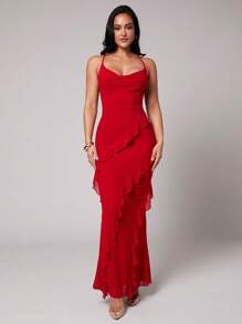 Silquee 春夏度假纯红色，浪漫情人节约会勃艮第红色，酒红色休闲连衣裙，女士荷叶边下摆不对称吊带裙，情人节约会连衣裙，派对连衣裙，婚礼伴娘连衣裙，舞会连衣裙，日常通勤连衣裙，红色连衣裙，生日迷你连衣裙 - 紅色 - 查看 2