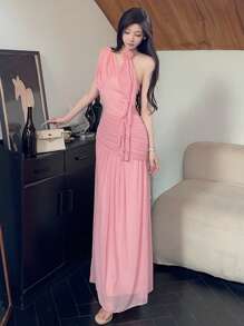 Modelyn Vestido de fiesta elegante para mujer con un hombro, pliegues, adorno de flor 3D y volantes