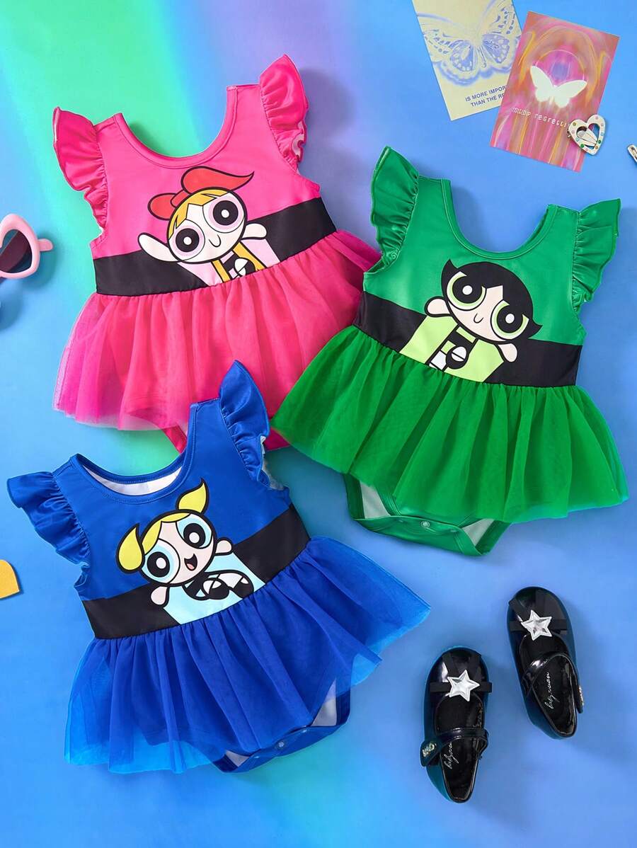 THE POWERPUFF GIRLS X SHEIN Baby Girl Cute Blossom, Bubbles, Buttercup Pattern Splice Mesh Bodysuit - Multicolor - View 1