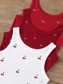 SHEIN 3 قطع/بكج، قميص داخلي نسائي قياسات كبيرة مطرز بالكرز والقلب والفيونكة