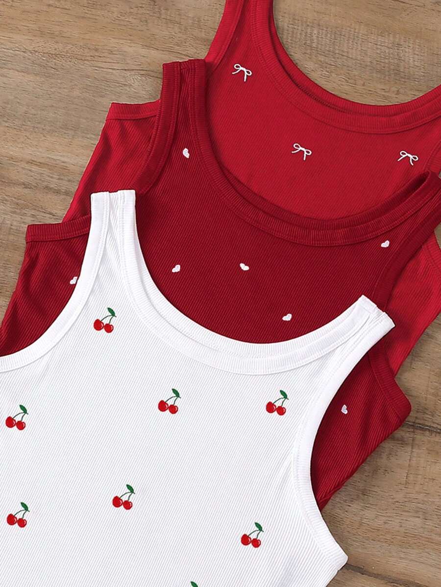 SHEIN 3 قطع/بكج، قميص داخلي نسائي قياسات كبيرة مطرز بالكرز والقلب والفيونكة