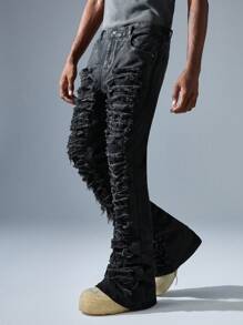 NEON BLANC Men's Streetwear Stretchy Woven Denim Flare Long Pants - Black - View 1