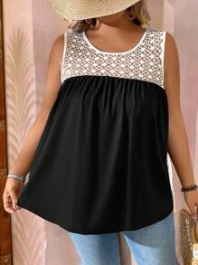 SHEIN LUNE Camiseta de mujer de cuello redondo con encaje de contraste - Negro - Ver 2