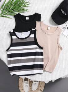 Conjunto de 3 peças Regatas Casuais, Confortáveis, da Moda e Versáteis, Respiráveis, com Listras e Cores Sólidas, para Meninos, para Primavera e Verão