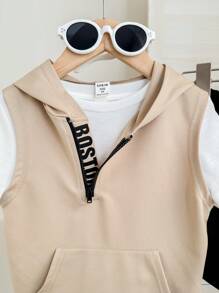 SHEIN Leap Crew 3 件套年轻男孩休闲运动度假装：图案连帽衫背心、白色圆领 T 恤和黑色短裤套装。用途广泛，适合儿童服装、年轻男孩服装、返校、生日派对、晚会、表演、婚礼、洗礼、开幕式、日常穿着、学校、旅行、运动、春夏季节