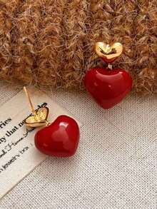 Maija Vintage Elegant Dripping Heart Shaped Earrings, Burgundy - Burgundy - View 1