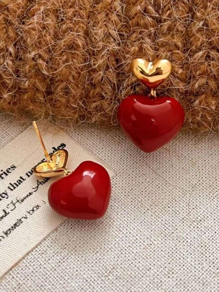 Maija Vintage Elegant Dripping Heart Shaped Earrings, Burgundy - Burgundy - View 1