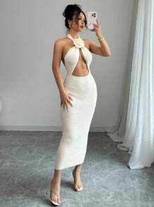 Calvaya Robe tricotée élégante et sexy avec décoration florale 3D, dos nu, encolure en V