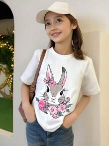 Tween Girl Casual Easter Bunny Flower & Easter Egg Letter Print T-Shirt Set - Multicolor - View 1