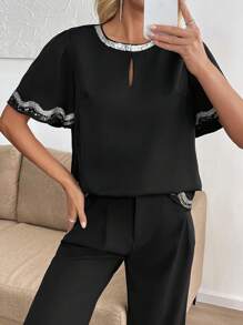SHEIN Clasi Women's Elegant Black Summer Blouse,Sequin Party Night Casual Top With Front Keyhole,Raglan Short Sleeve,Silver Sequin Trim Collar Cuffs And Hem - Black - View 3