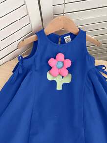 SHEIN Leap Crew 女婴夏季可爱粉色花卉印花连衣裙 - 藍色 - 查看 8
