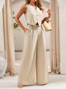 SHEIN Tall Conjunto casual de traje sastre de mujer con chaleco de rayas y pantalones