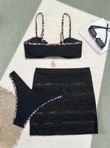 SHEIN Swim Set de 3 piezas Bikini de mujer sexy con top de halter, falda de malla y conjunto de traje de baño para playa, resort de isla, casual para crucero, fiesta en la piscina