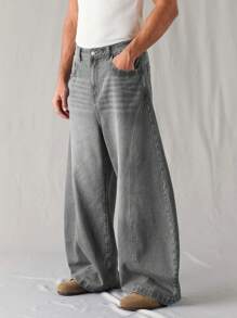 Chillumni Men's Light Blue Washed Loose Wide Leg Barrel Leg Jeans - Light Grey - View 4