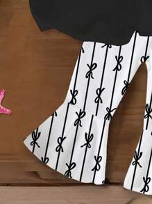 Baby Girl Set - Round Neck Butterfly Print Short Sleeve Black T-Shirt And Striped Butterfly Full Print Flared Pants