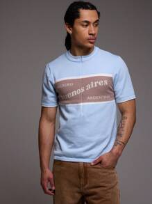 Knit Zip Front Contrast Panel "Musero" Slogan Short Sleeve Top - Baby Blue - View 1