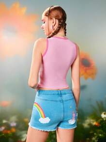 SHEIN X Care Bears Top corto de tirantes rosa con estampado gráfico de Cheer Bear de dibujos animados, para mujer, estilo casual, para festivales de música de verano