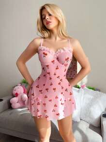 PetitDoll 2pcs/Set Cherry Print 3D Flower Bowknot Sexy Nightgown Set - Pink - View 4