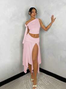 SHEIN BAE 女士纯白色毕业礼服，搭配不对称肩带上衣和不对称高开叉褶皱下摆裙子 - 珊瑚粉 - 查看 1
