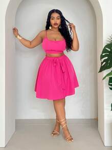 Slaydiva 2pcs Plus Size Women Casual Commuter Vest And A-Line Skirt Set