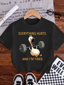 Tween Girls Casual Fashion Cute Cartoon Dumbbell Duck & Text Graphic Short Sleeve Round Neck T-Shirt