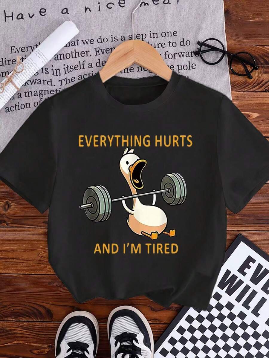 Tween Girls Casual Fashion Cute Cartoon Dumbbell Duck & Text Graphic Short Sleeve Round Neck T-Shirt