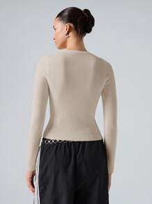 LYSMO Women's Solid Color Front Button Long Sleeve Minimalist Sweater, Casual Daily Wear In Fall/Winter - Apricot - View 2