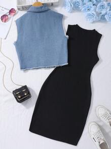 2pcs/Set Teenage Girls: Black Knitted Camisole Dress + Distressed Denim Vest, Commute Daily Wear Summer Holiday