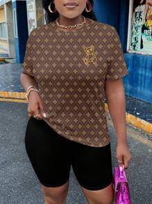 Slaydiva 2pcs/Set Plus Size Floral Cartoon Bear & Geometric Print Summer Outfit - Multicolor - View 4