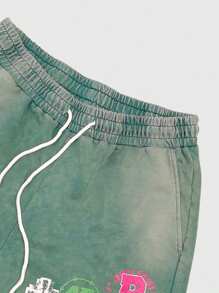 ROMWE MEN Prep Men's Distressed Letter Print Drawstring Waist Shorts - Green - View 3
