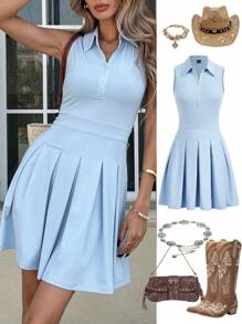 SHEIN LUNE Women's Casual Pleated Sleeveless Mini Dress, Slim Fit, Basic Outfit For Spring And Summer Summer Dresses For Women Graduation Dress Vacation Dress Sleeveless Dress Dresses For Women Beach Outfits For Woman - Blue - View 2