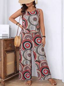 SHEIN LUNE 2pcs/Set Plus Size Women Casual & Holiday Geometric Print Camisole Tank Top And Wide Leg Pants - Multicolor - View 6