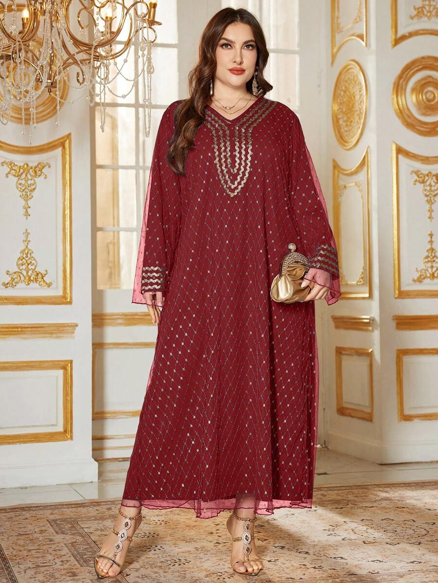 Al Najma Plus Size Women's Belted Decorative Arabic Style Dress - Red - View 1