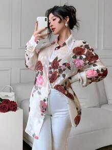 Modelyn 女士优雅花卉印花宽松落肩衬衫 - 彩色 - 查看 3