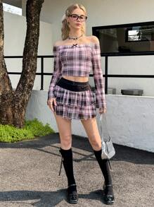 SHEIN 2pcs Set Teen Girls Casual Striped Off Shoulder Cropped T-Shirt And Colorblock Mini Skirt - Black - View 5