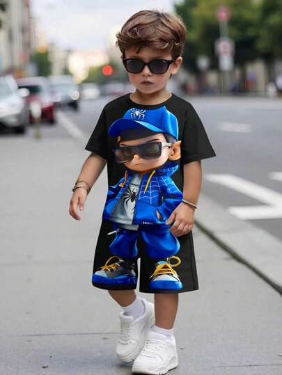 SHEIN Leap Crew 3D Print Young Boys' Casual Cartoon Round Neck Short Sleeve T-Shirt And Shorts 2pcs/Set, Suitable For Summer