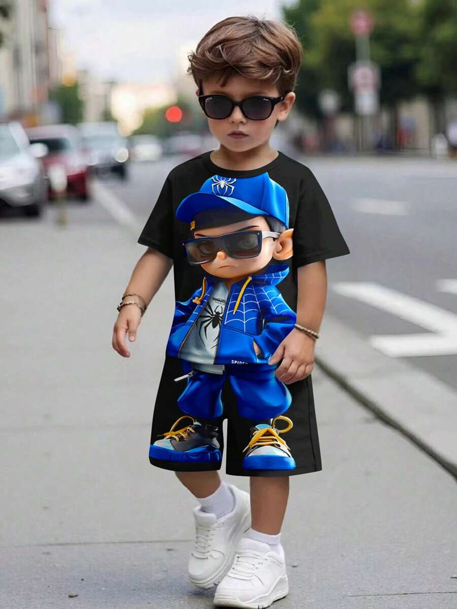 SHEIN Leap Crew 3D印花青少年休閒卡通圓領短袖T恤和短褲2件套裝，適用於夏季 - 黑色 - 查看 1