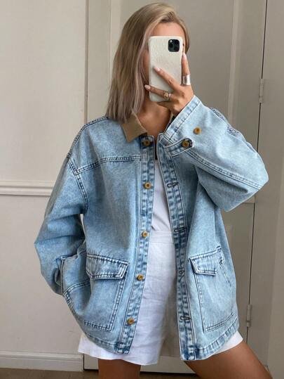 Livesso Chaqueta de mezclilla con cuello de color contrastante para mujer, minimalista y de moda, adecuada para el verano y la vuelta al colegio