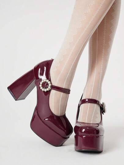 Women's Red Pearl Decor Square Toe Mary Jane Pumps, Thick Heel Dress Formal Bridal Wedding Shoes, Japanese JK Uniform Shoes