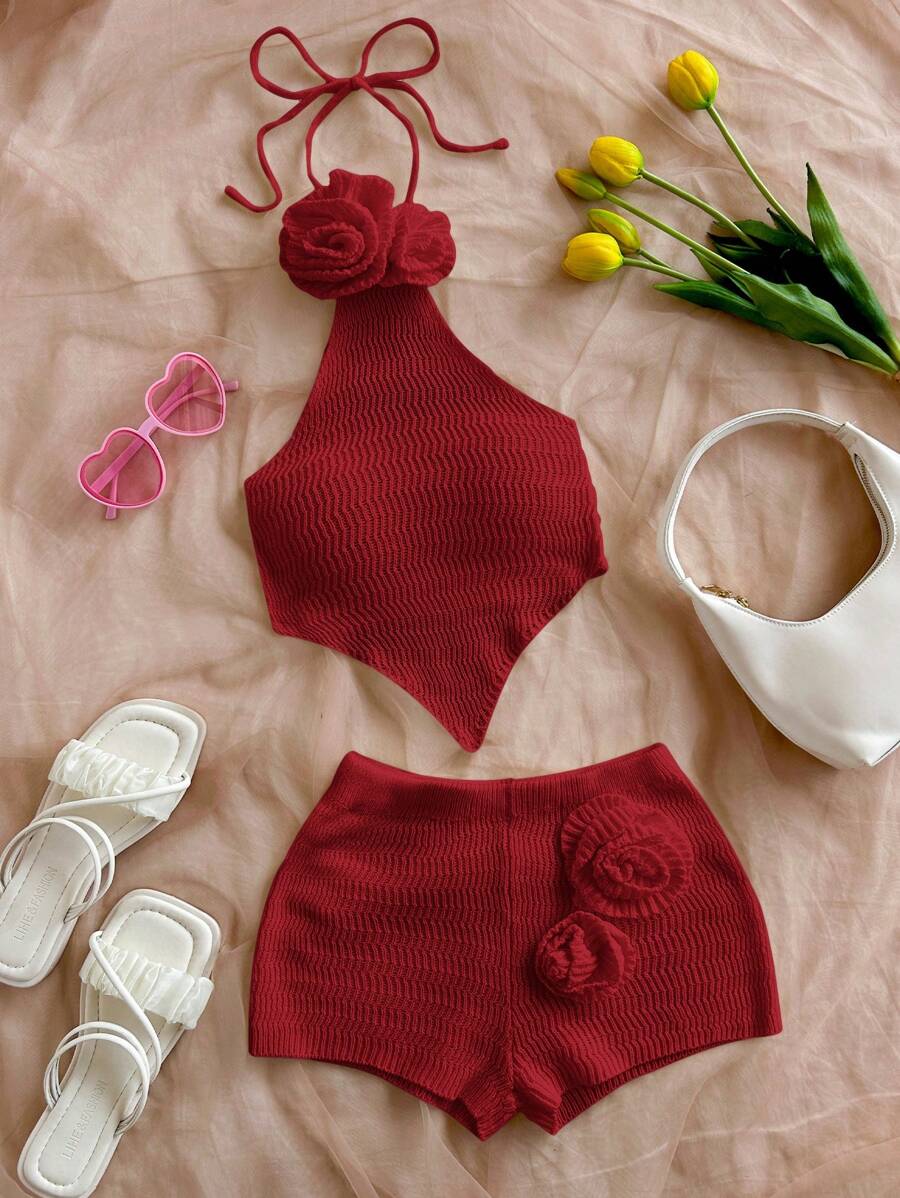 SHEIN WYWH Bộ 2 món: Áo vest hở lưng họa tiết hoa 3D thủ công & quần short siêu gợi cảm cho kỳ nghỉ - Màu Đỏ Sâu - Xem 1