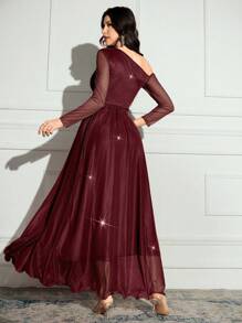 Modelyn Women's Solid Color Glitter Asymmetric Neck Long Sleeve Dress, Elegant