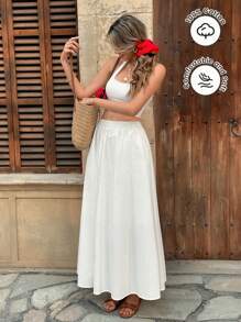 Pariaura Elastic Waist High Waist Solid Color Skater Skirt, Versatile & Slimming A-Line Skirt Fall Cloth For Women