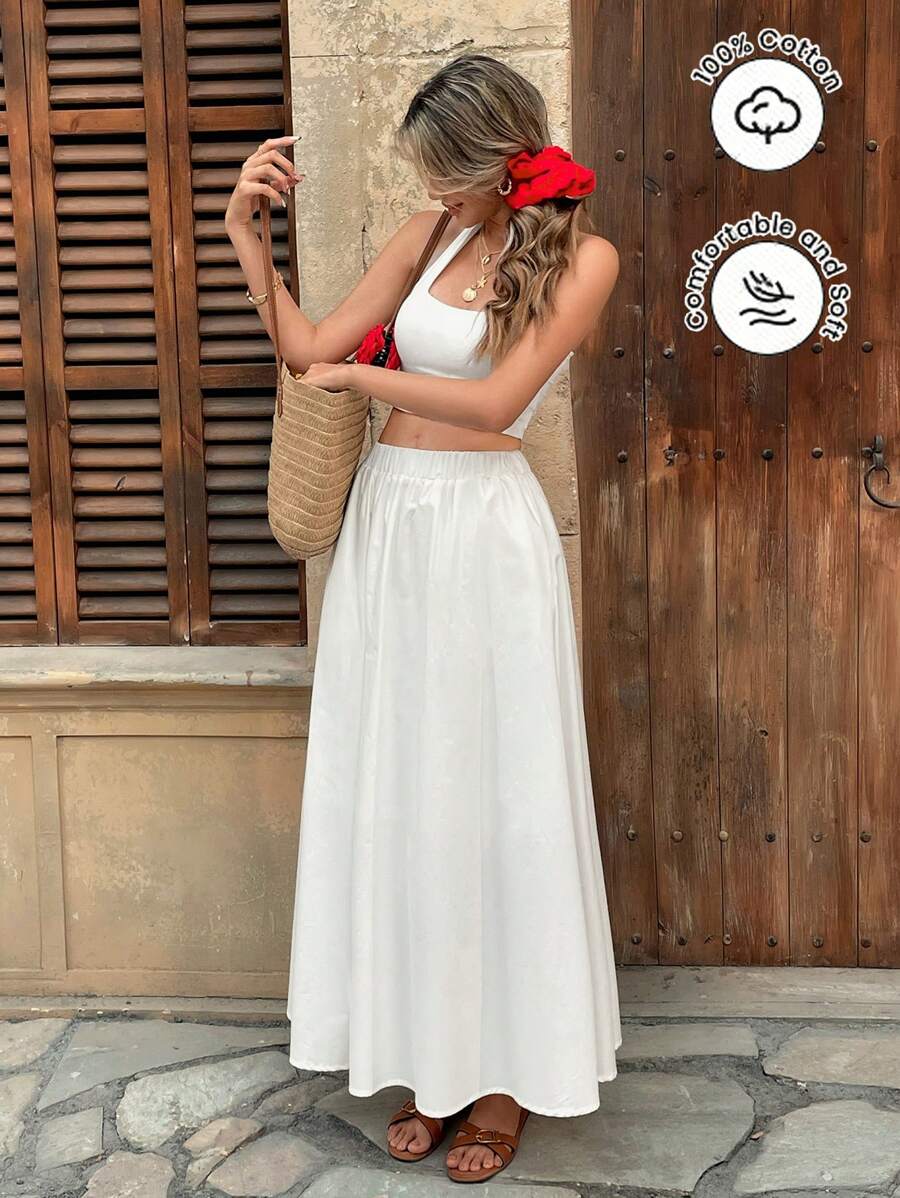 Pariaura Elastic Waist High Waist Solid Color Skater Skirt, Versatile & Slimming A-Line Skirt Fall Cloth For Women