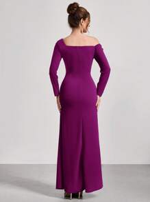 Coutiva Women Asymmetrical Neck Formal Evening Gown, Wedding Guest Dress, Women Formal Dress, Prom Dress, Women Long Sleeve Dress, Party Dress - Purple - View 2