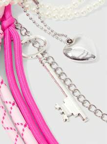 ROMWE Fairycore Handbag Charm Faux Pearl Bow Decor, Minimalist & Fashionable - Multicolor - View 3