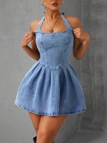 SHEIN Essnce Women's Pleated Short Halter Tie Front Denim Dress - Blue - View 4