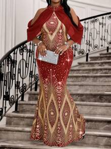 Fleurora 秋冬优雅派对婚礼酒会演唱会/音乐节彩色针织立领美人鱼撞色网眼长款无袖大码连衣裙，情人节 - 紅色 - 查看 7