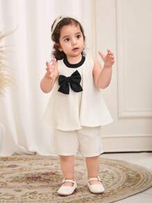 女婴 2 件套：白色无袖吊带上衣，黑色领口，黑色宽松长裤，3D 蝴蝶结装饰，适合上学、四季、外出旅行 - 米色 - 查看 3