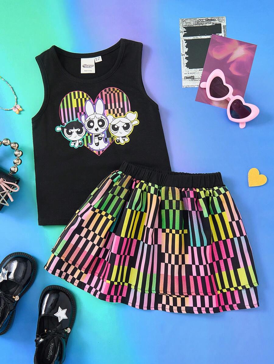 THE POWERPUFF GIRLS X SHEIN Young Girl 2pcs/Set Cartoon Cool Heart, Blossom, Bubbles, Buttercup Print Tank Top And Mini Skirt Set, Suitable For Spring& Summer,Concerts And Parties - Black - View 1