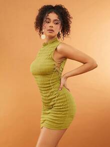 SHEIN Unity Vestido de verano de cuello alto sin mangas con textura, para eventos especiales, como el Día de San Patricio, bodas, fiestas, ocasiones especiales y festivales musicales para mujer